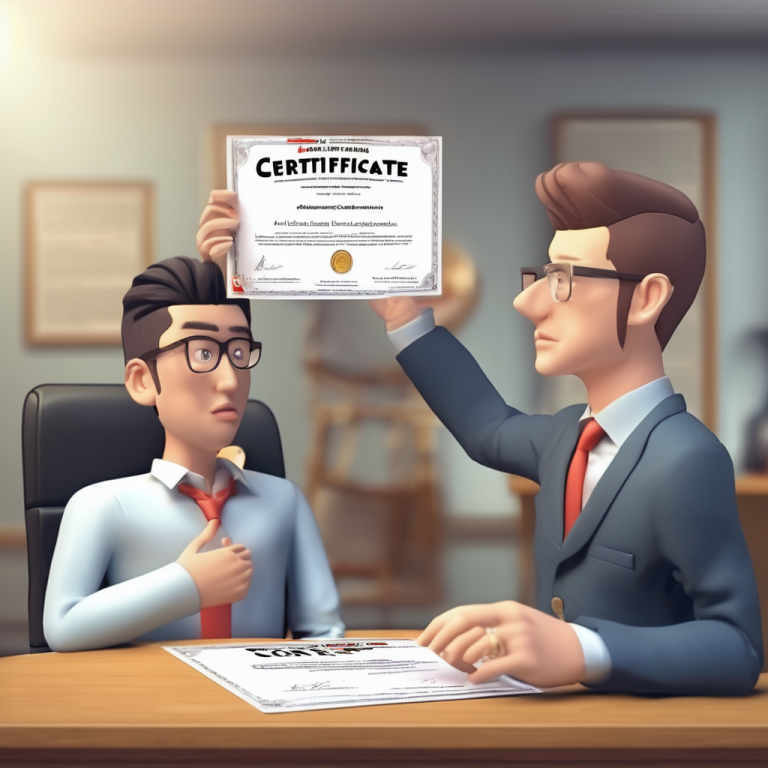 a graduate use his fake certificate to show to the interviewer. The fake certificate was written "Fake Certificate" on it. The interviewer is doubting on the certificate and hesitating to accept it.