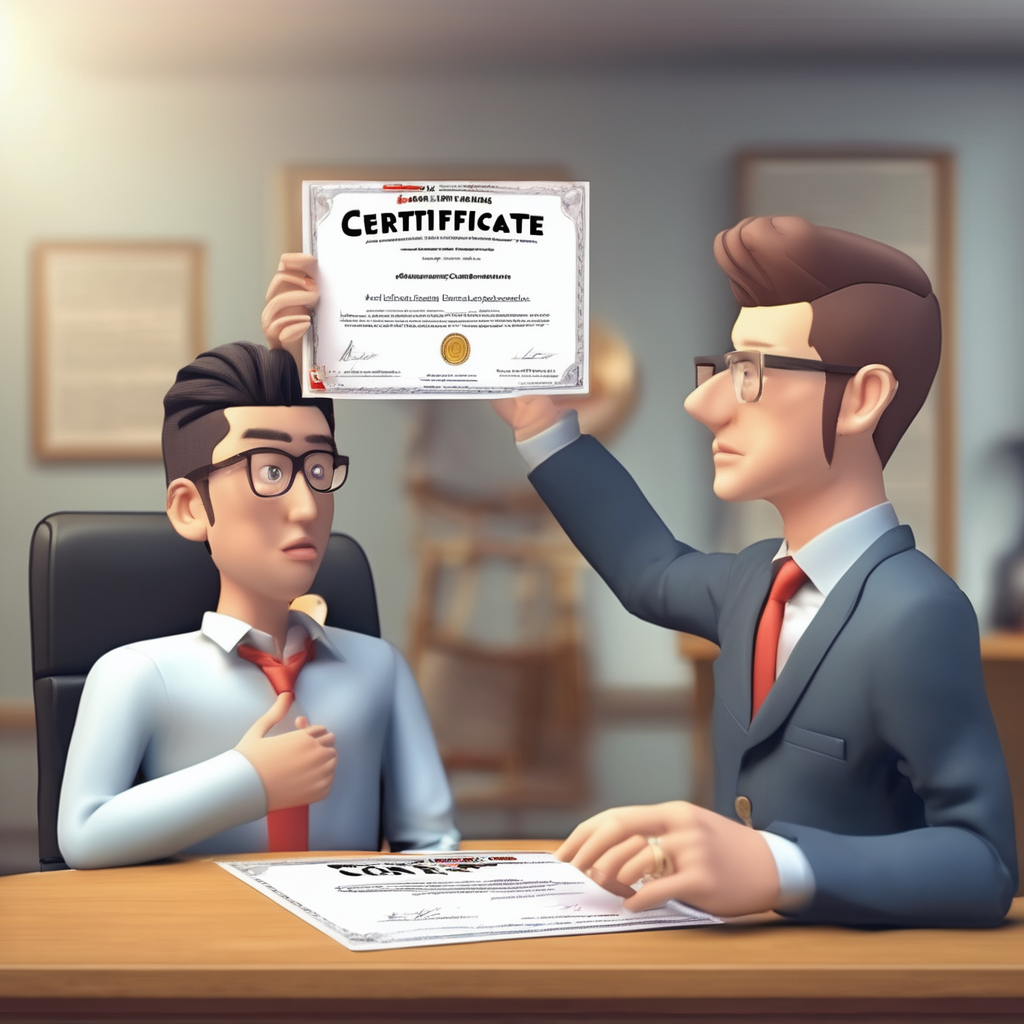 a graduate use his fake certificate to show to the interviewer. The fake certificate was written "Fake Certificate" on it. The interviewer is doubting on the certificate and hesitating to accept it.